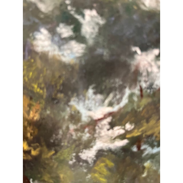Original oil pastel landscape of tall pines framing a hazy blue lake and mountains in the distance. A winding dirt path...