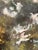 Original oil pastel landscape of tall pines framing a hazy blue lake and mountains in the distance. A winding dirt path...