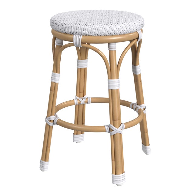 Wood Tobias 24.5 in. Seat Height Outdoor Rattan and Metal Backless Counter Stool, White For Sale - Image 7 of 7