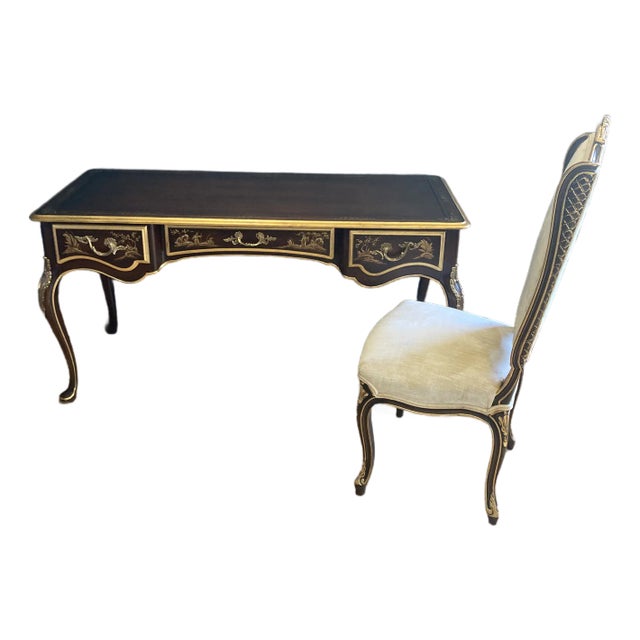 Vintage Gilt Chinoiserie Campaign Desk & Chair Set of 2 by Union National Furniture For Sale