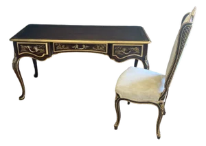 Vintage Gilt Chinoiserie Campaign Desk & Chair Set of 2 by Union National Furniture