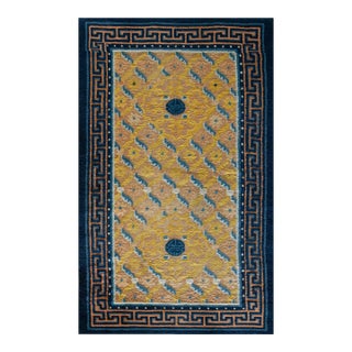 1850s Yellow Geometric Antique Chinese Ningxia Rug 2'9" X 4'8" Handknotted Wool Carpet For Sale