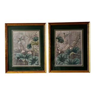 1990s Print of Chinese Screen With Lotus Blooms and Cranes by Japanese Artist Yuki - Set of 2 For Sale
