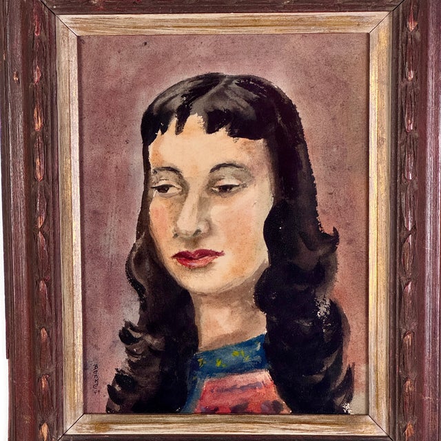Paint Enigmatic Original Watercolor Head Portrait Painting of Young Woman, Signed, Circa 1949 For Sale - Image 7 of 11