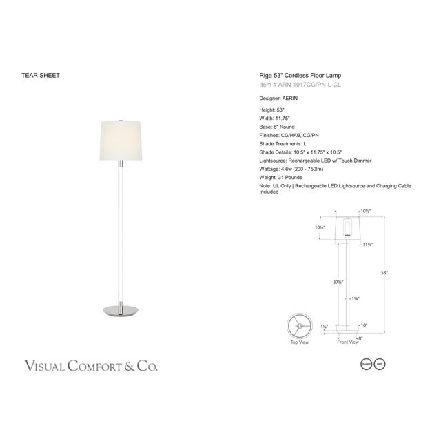 AERIN by Visual Comfort Signature Riga 53" Cordless Floor Lamp in Crystal and Polished Nickel with Linen Shade Designer:...