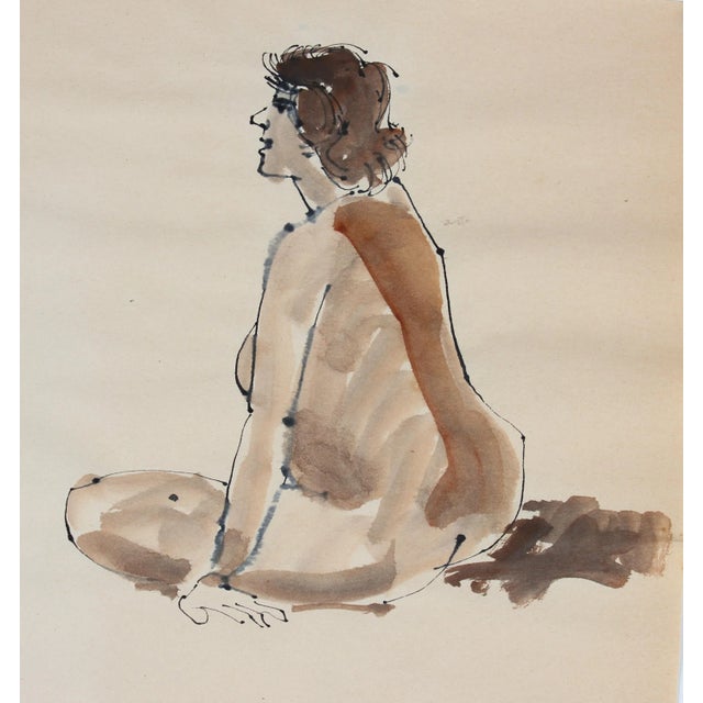 Warm Toned Seated Nude 1965 Ink & Watercolor For Sale