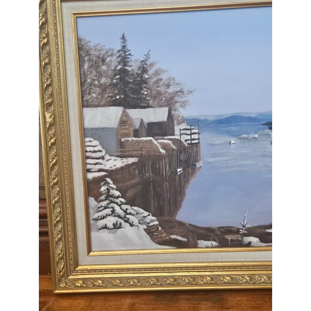 Winter Harbor Snow Scene Original Painting on Canvas, Signed Allen – Framed Coastal Landscape 29½" X 24" For Sale - Image 9 of 9