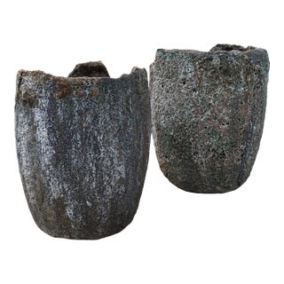 Pair of Vintage Patinated Industrial Crucible Planters, Rustic For Sale
