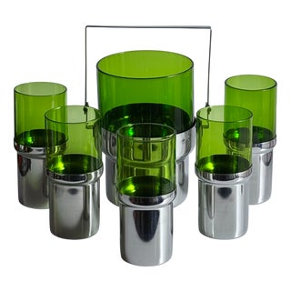 Glass and Stainless Steel Ice Bucket and Glasses from Pran, Italy, 1970s, Set of 6 For Sale