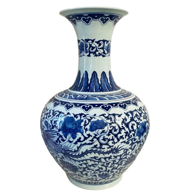 Vintage Chinoiserie Blue & White Porcelain Onion Shape Vase Dragon and Phoenix 21" H For Sale In New York - Image 6 of 8