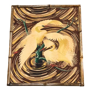 1940s Restored 1949 Rattan Framed Square Crane Bark Cloth Fabric Sample by Spectrum For Sale