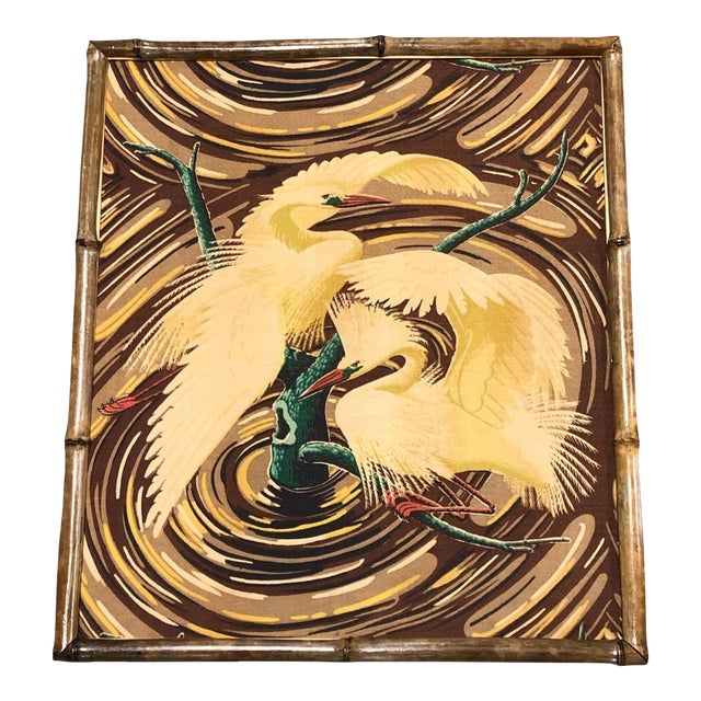 1940s Restored 1949 Rattan Framed Square Crane Bark Cloth Fabric Sample by Spectrum For Sale