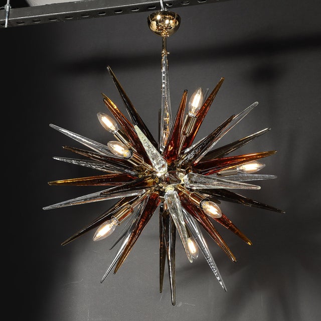 Modernist Mixed Hand-Blown Murano Glass Spike Form Sputnik Chandelier W/ Brass For Sale - Image 16 of 18