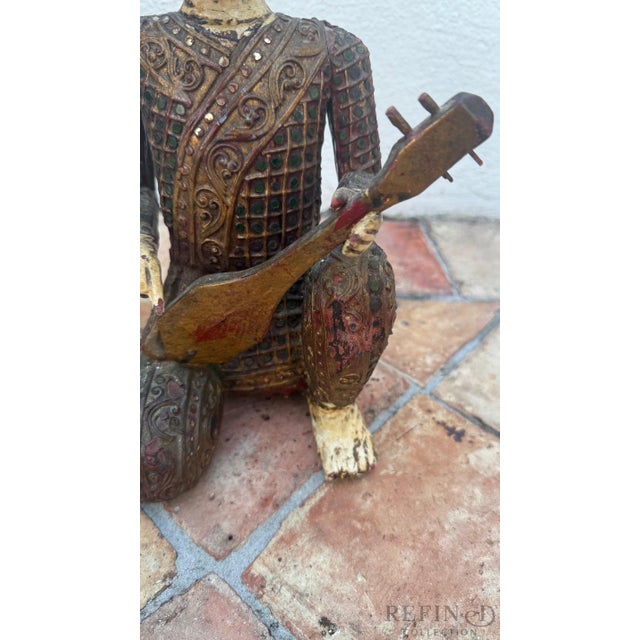 Brown Mid 20th Century Hand-Carved Chinese Wooden Figural Sculpture of Seated Musician With String Instrument For Sale - Image 8 of 10