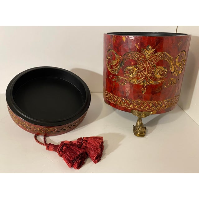 Red Monumental 14" Graduated Trio of Maitland-Smith Tessellated Stone Canisters - Imperial Red & Gold Leaf For Sale - Image 8 of 18