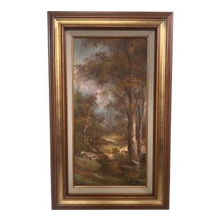 Mid-Century Modern Pastoral Forest Landscape Oil Painting - Gilded Frame For Sale