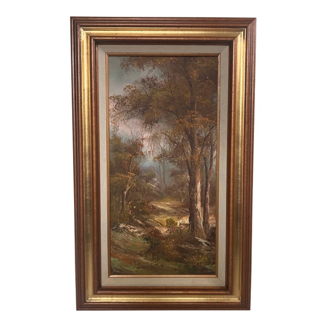 Mid-Century Modern Pastoral Forest Landscape Oil Painting - Gilded Frame For Sale