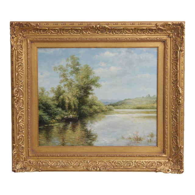 J. Bijou Artist Signed Lake Oil Painting on Canvas For Sale