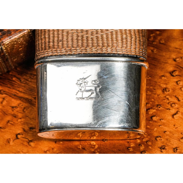 Charming Antique Sterling Silver Woven Rattan Victorian Armorial Coat of Arms Hip Flask For Sale - Image 4 of 12