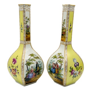 Large 19th Century Hand-Painted Yellow Ground Watteau Porcelain Vases from Dresden, Set of 2 For Sale