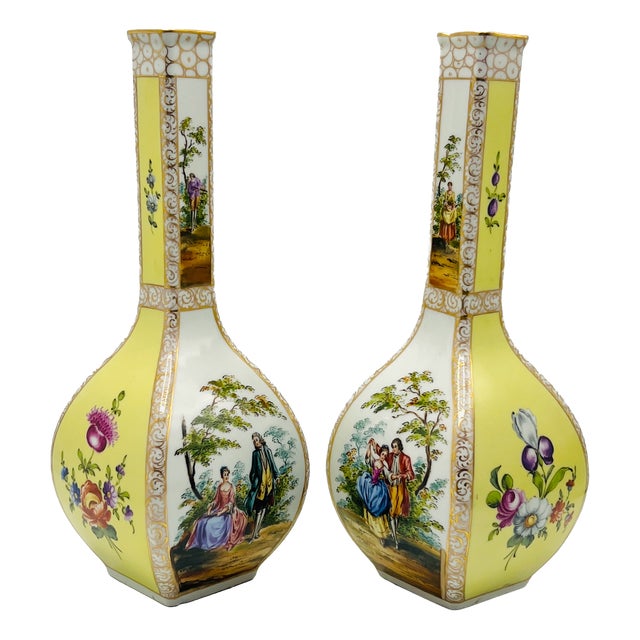 Large 19th Century Hand-Painted Yellow Ground Watteau Porcelain Vases from Dresden, Set of 2 For Sale