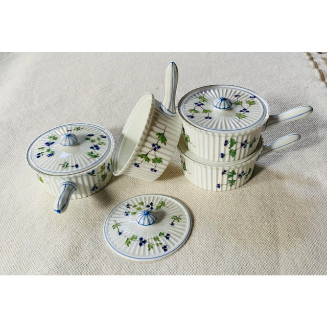 French Country 1930s French Art Deco Pot De Crème Set of 4 - Hand-Painted Porcelain With Lids, Diplomat's Estate For Sale - Image 3 of 18