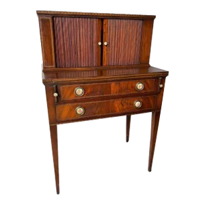 English Edwardian Style Mahogany Inlaid Secretary Writing Tambour Desk.