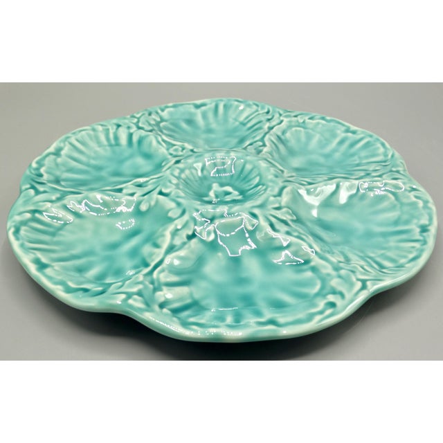 A lovely turquoise French majolica oyster plate. Skilfully crafted design of 6 wells depicting natural shells for oysters...