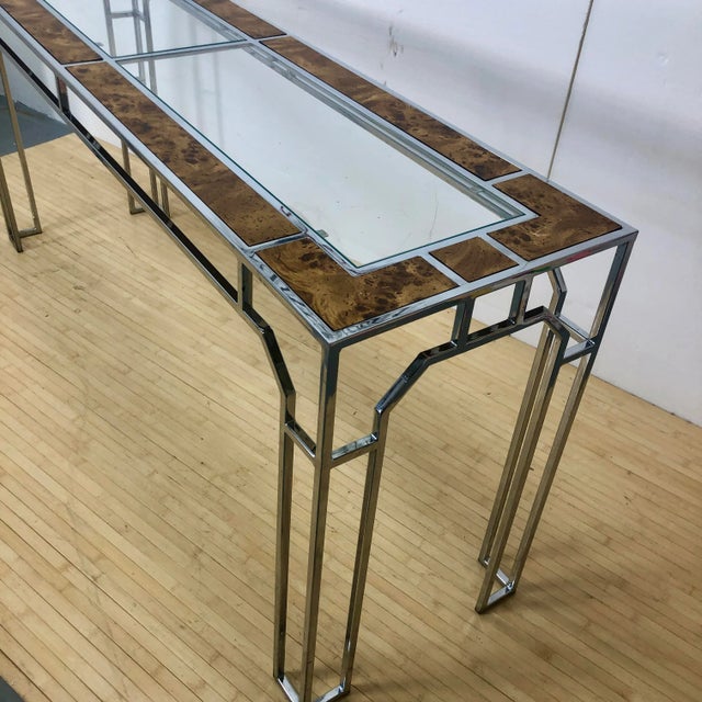 Milo Baughman Console Table | Burlwood Chrome and Glass For Sale - Image 10 of 11