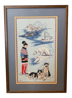 Vintage Embroidered Picture With Native Alaskan People, Dogs, and Polar Bear