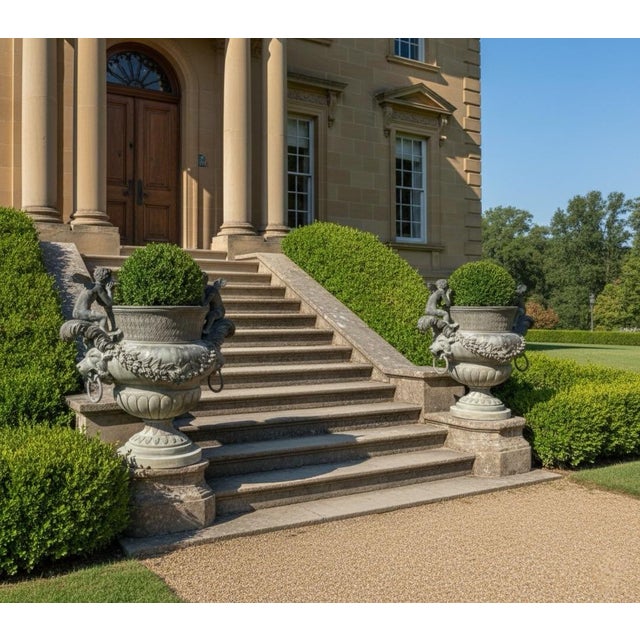 Verdigris 1970s Pair of Monumental Neoclassical Bronze Cherub Urn Planters For Sale - Image 8 of 10