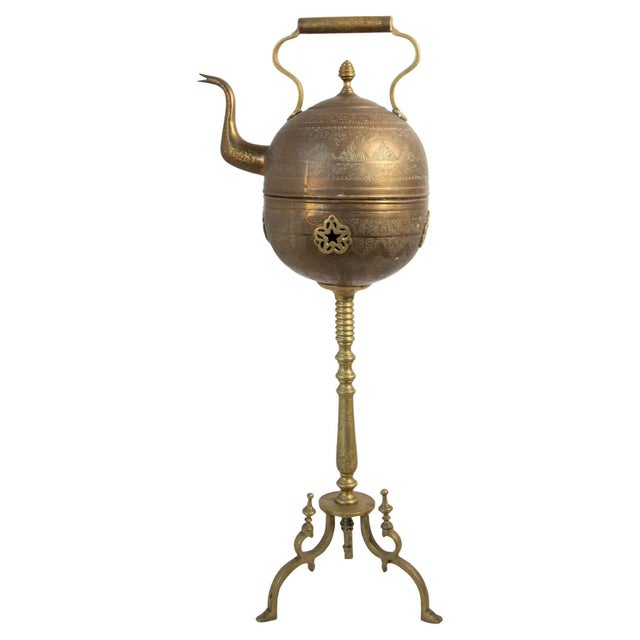 Early 20th Century Monumental Moroccan Engraved Brass Tea Kettle on Stand For Sale - Image 5 of 17