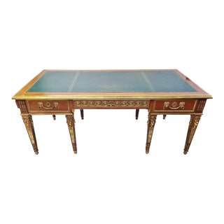 Vintage 20th C French Style Louis XVI Bronze Lion Mounted Tooled Leather Top Desk For Sale