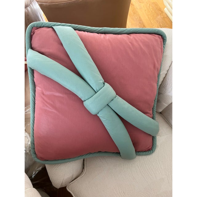 1980s Custom Made Large Pink Green Ribbon Pillow. Pillow case can be easily removed and hand washed