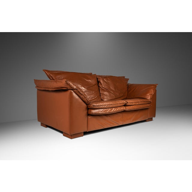 Set of 2 Modern Low Profile Sofas in Cognac Brown Leather in the Manner