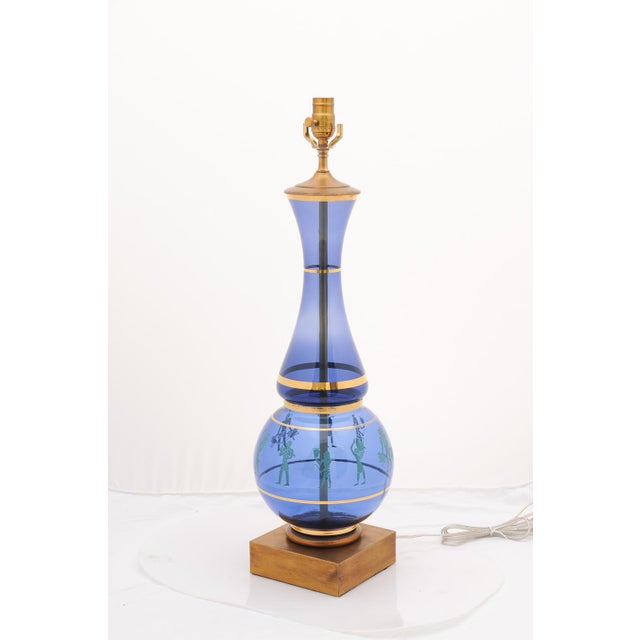 Blue Immaculate Pair of Cobalt Eglomise Hourglass Lamps - 1960s Marbro Lamp Co. For Sale - Image 8 of 9
