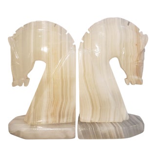 Vintage Mid-Century White Onyx Horse Head Bookends- a Pair For Sale