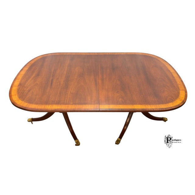 Brown Vintage Traditional Federal Style Mahogany & Satinwood Banded Extension Dining Table For Sale - Image 8 of 12