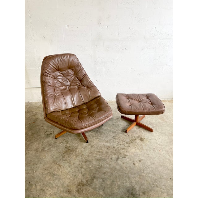 1960s Madsen & Schubell Ms68 Leather Danish Mid Century Swivel Recliner Chair and Ottoman For Sale - Image 5 of 12