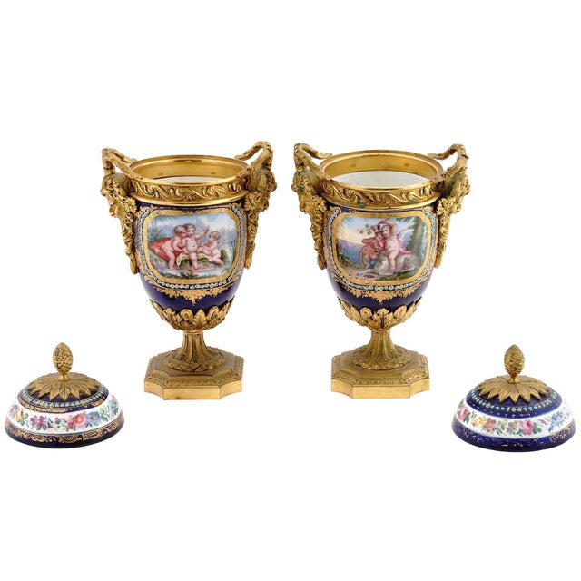1880s Sevres Style Rococo Blue Porcelain Urns-Pair For Sale - Image 9 of 10
