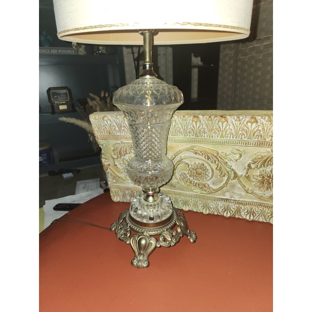 Hollywood Regency ​Pair of Vintage 1967 Hollywood Regency Pressed Glass & Ornate Brass Table Lamps For Sale - Image 4 of 9