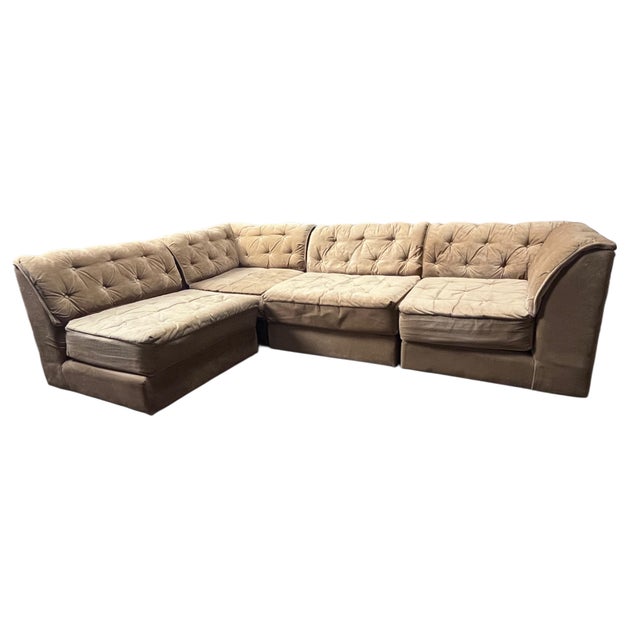 Mid-Century Modern Vintage 70s Gold Suede Style Modular Couch For Sale - Image 3 of 6