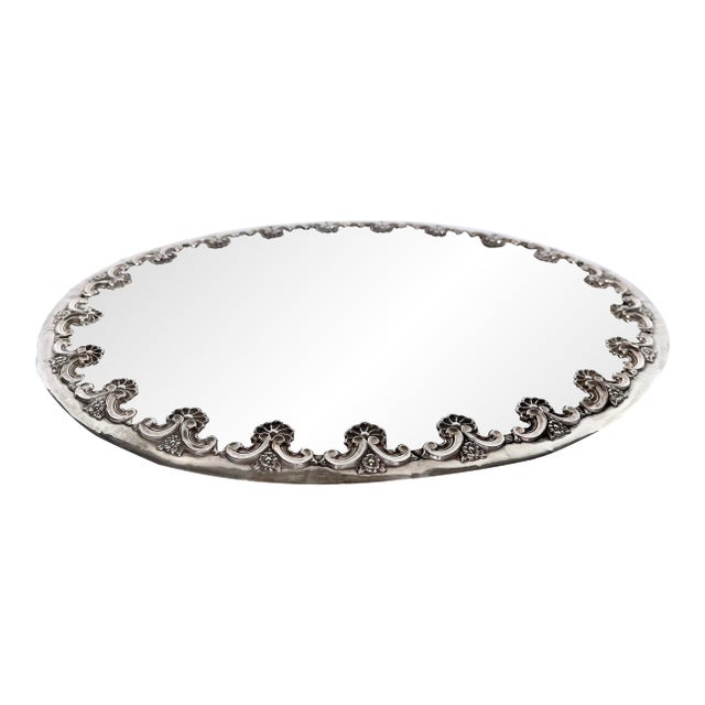Mid-20th Century Topázio Portuguese Ornate Silver-Plated Beveled Mirror Plateau Tray For Sale