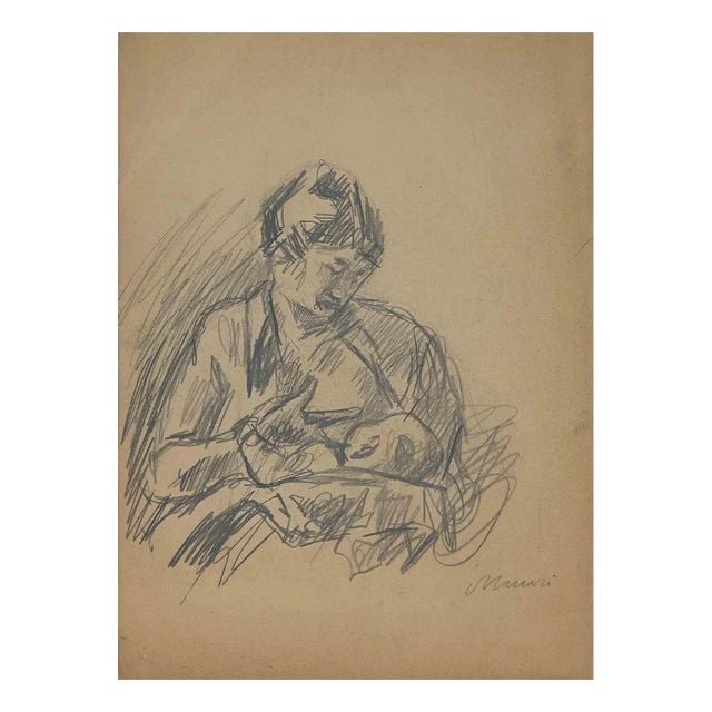Mino Maccari, Mother and Child, Original Drawing, Mid-20th Century For Sale