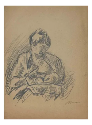 Mino Maccari, Mother and Child, Original Drawing, Mid-20th Century