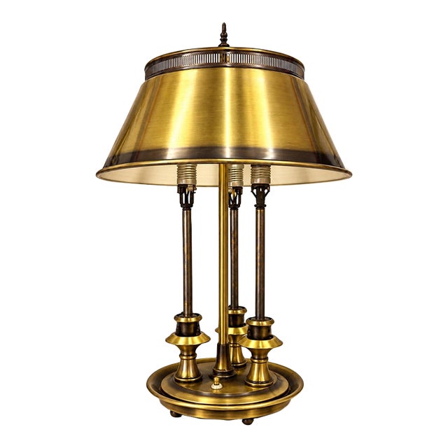 Vintage Mid-Century Modern Brass Bouillotte Table Lamp With Tole Metal Shade For Sale