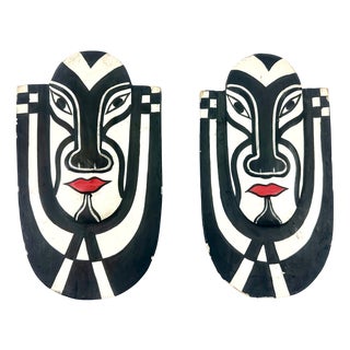 Carved and Painted Wood Masks from Bali, Set of 2 For Sale