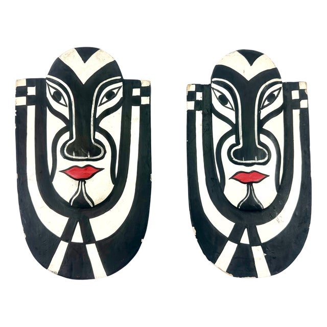 Carved and Painted Wood Masks from Bali, Set of 2 For Sale