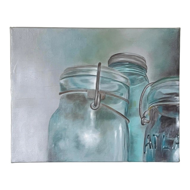 Original Painting of Vintage Canning Jars -- Contemporary Realism by Tracy Meola For Sale