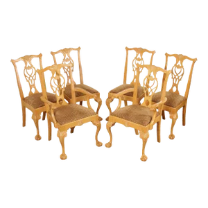 Chippendale Style Vintage Set Six Blonde Wood Dining Chairs